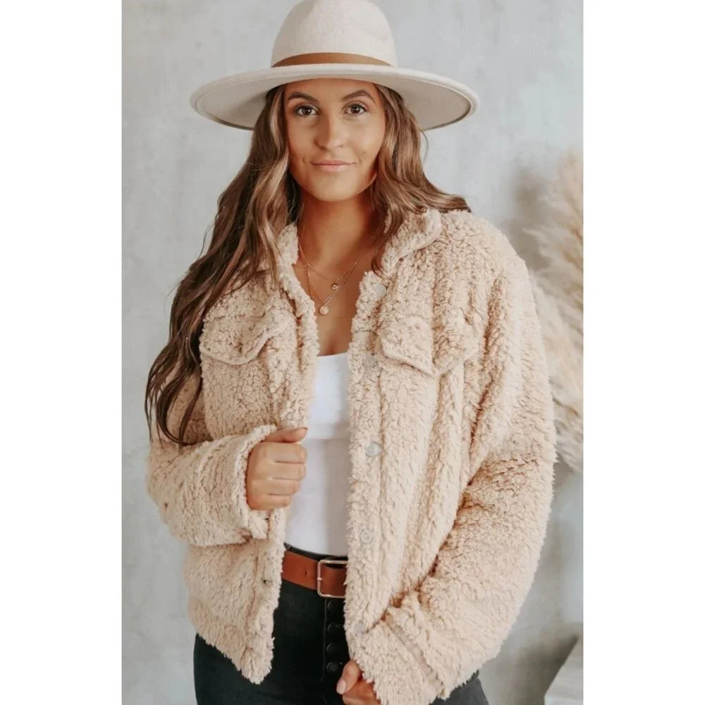 Taupe Sherpa Trucker Jacket Women's Size L.